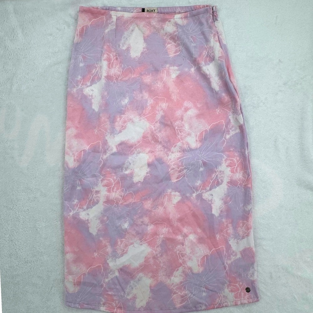 Roxy Lonely Star Midi Skirt Pink Purple Floral Tie Dye Size XS Lightweight Silky